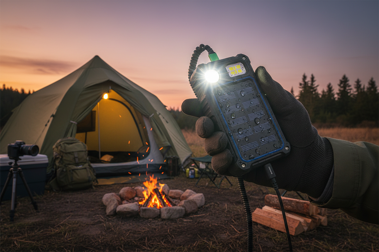 Solar Power Bank LED Flashlight at Campsite