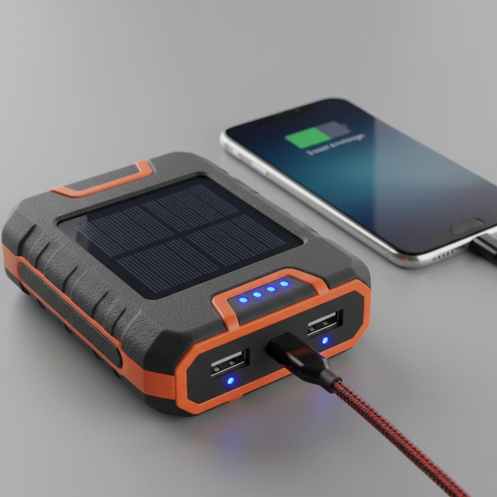 Solar Power Bank Charging Smartphone - Detail Shot
