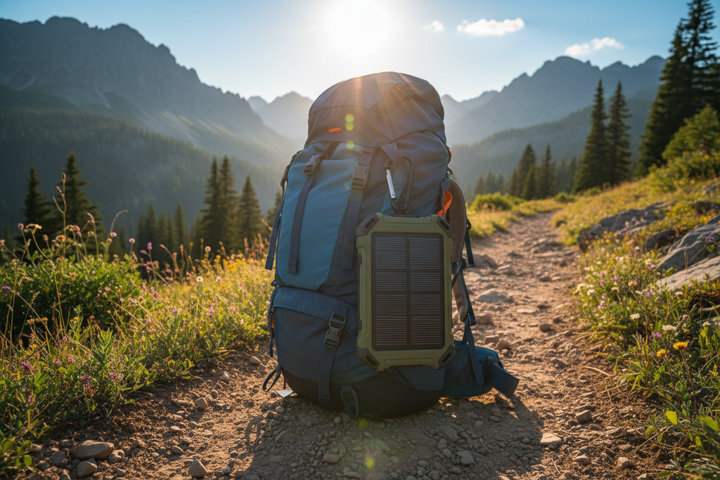 Solar Power Bank Clipped to Hiking Backpack on Mountain Trail