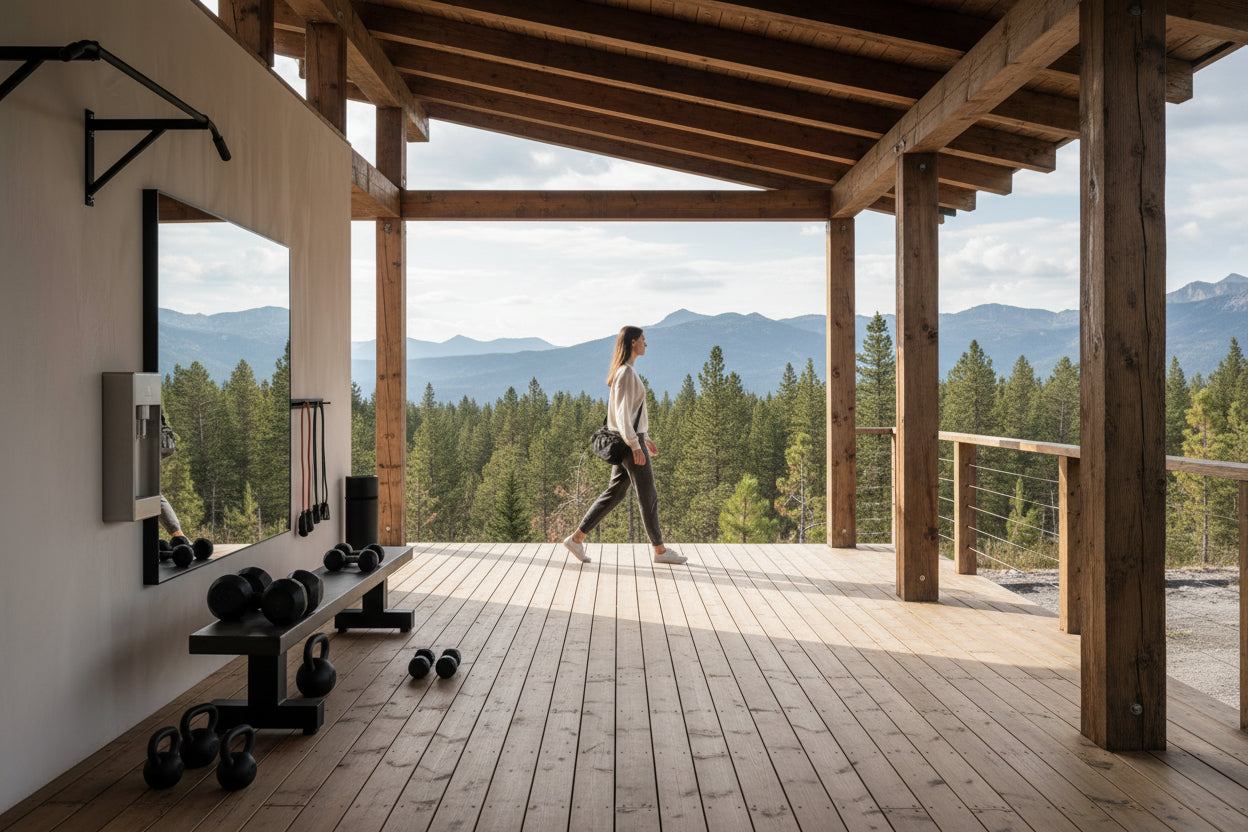 show the gym outside in a lodge
